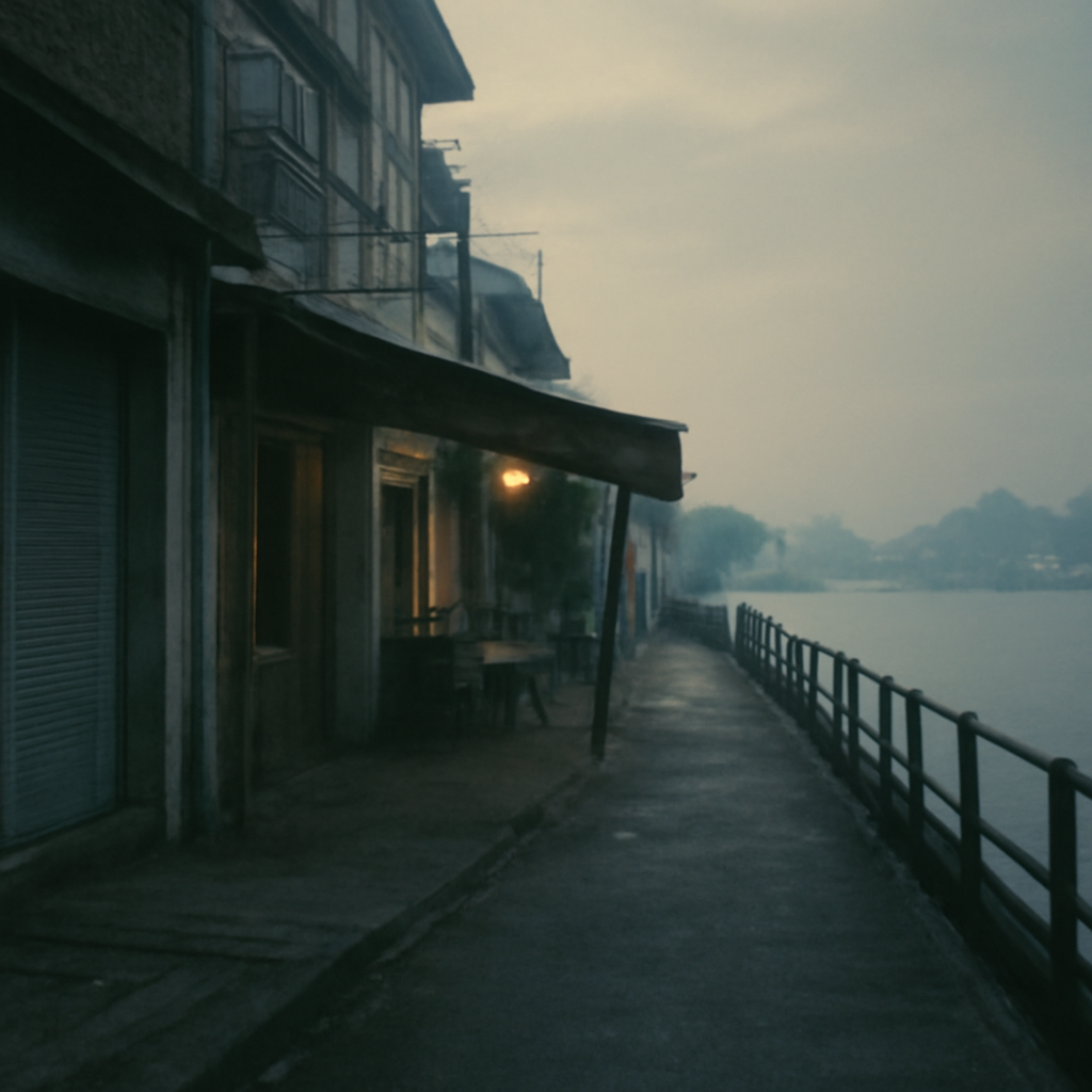 Charoennakorn Soi's Misty Riverside Eats in Evening Hush