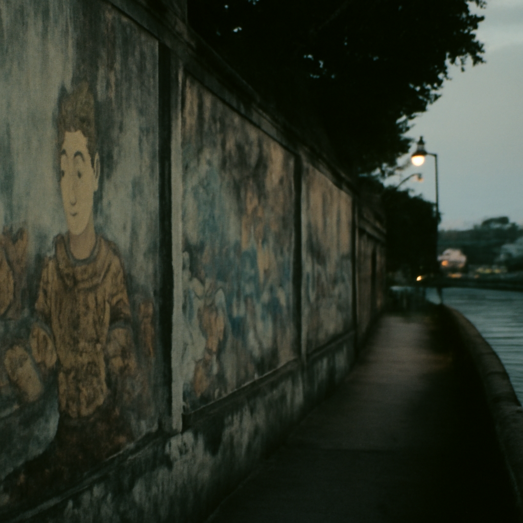 Shadows Among Phra Athit's Riverside Murals at Dusk