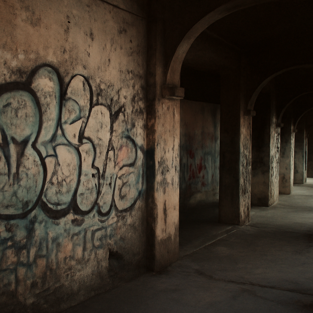 Siam Square's Faded Graffiti Echoes in Shadowy Arcades