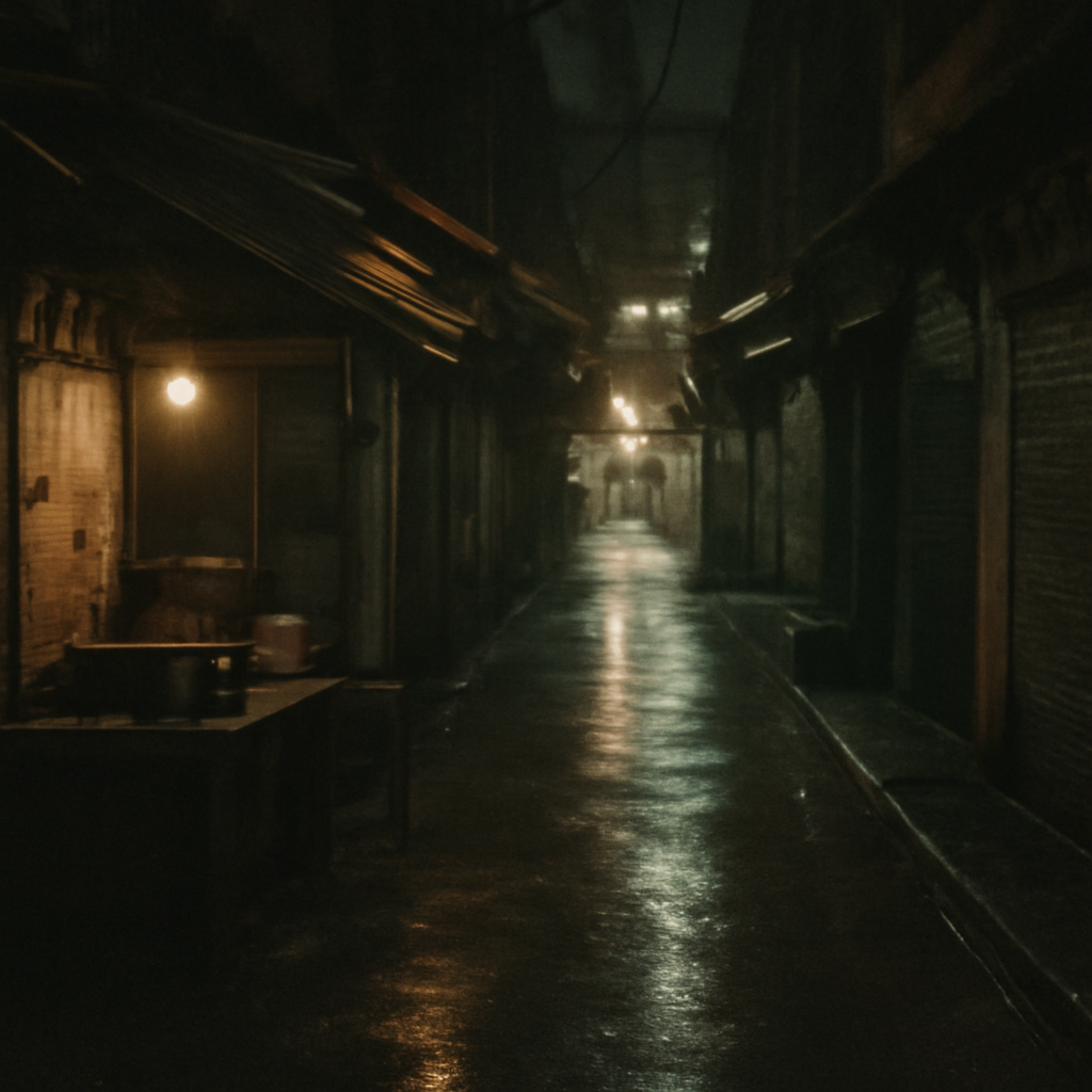 Silom Soi 3's Shadowy Alley Eats in Rain-Slicked Night